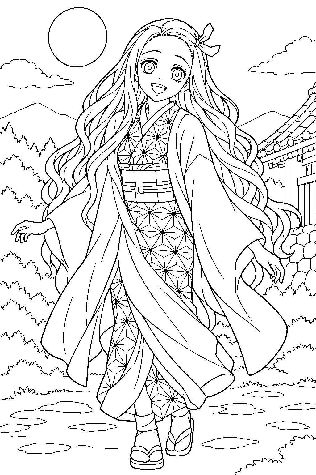 demon slayer nezuko kamado smiling in the sunlight at the swordsmith village line art