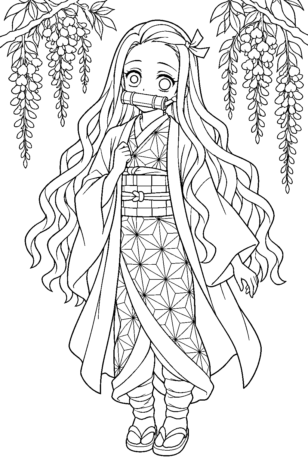 demon slayer nezuko kamado wearing her patterned kimono and bamboo muzzle beneath wisteria line art