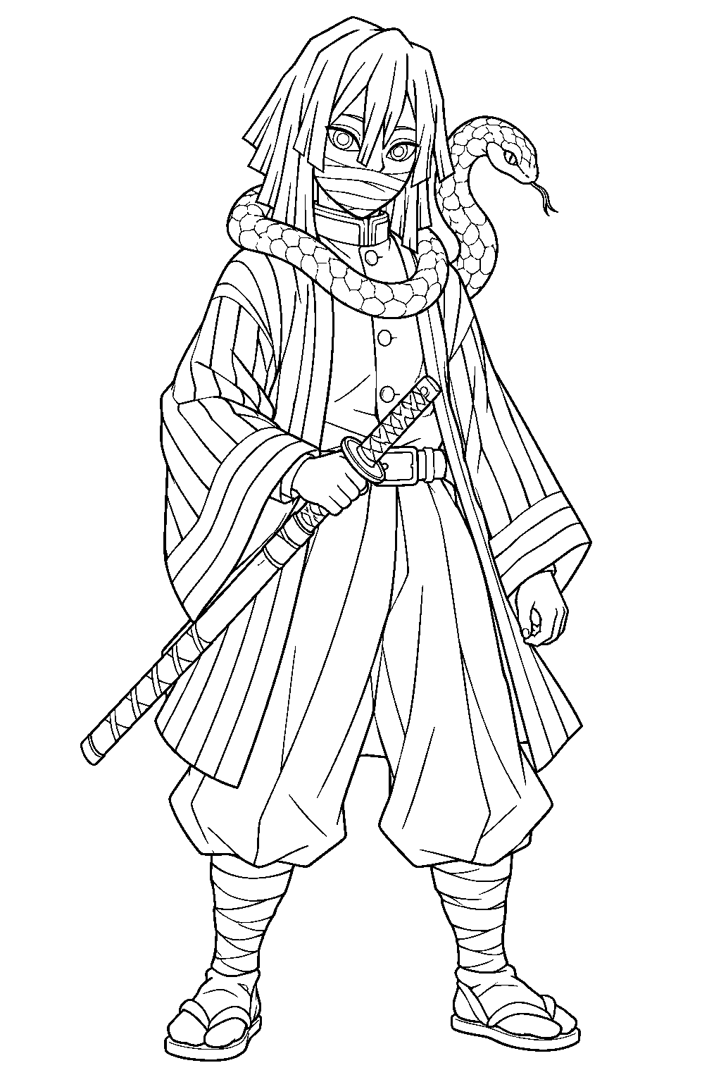 demon slayer obanai iguro with kaburamaru curled around his shoulders line art