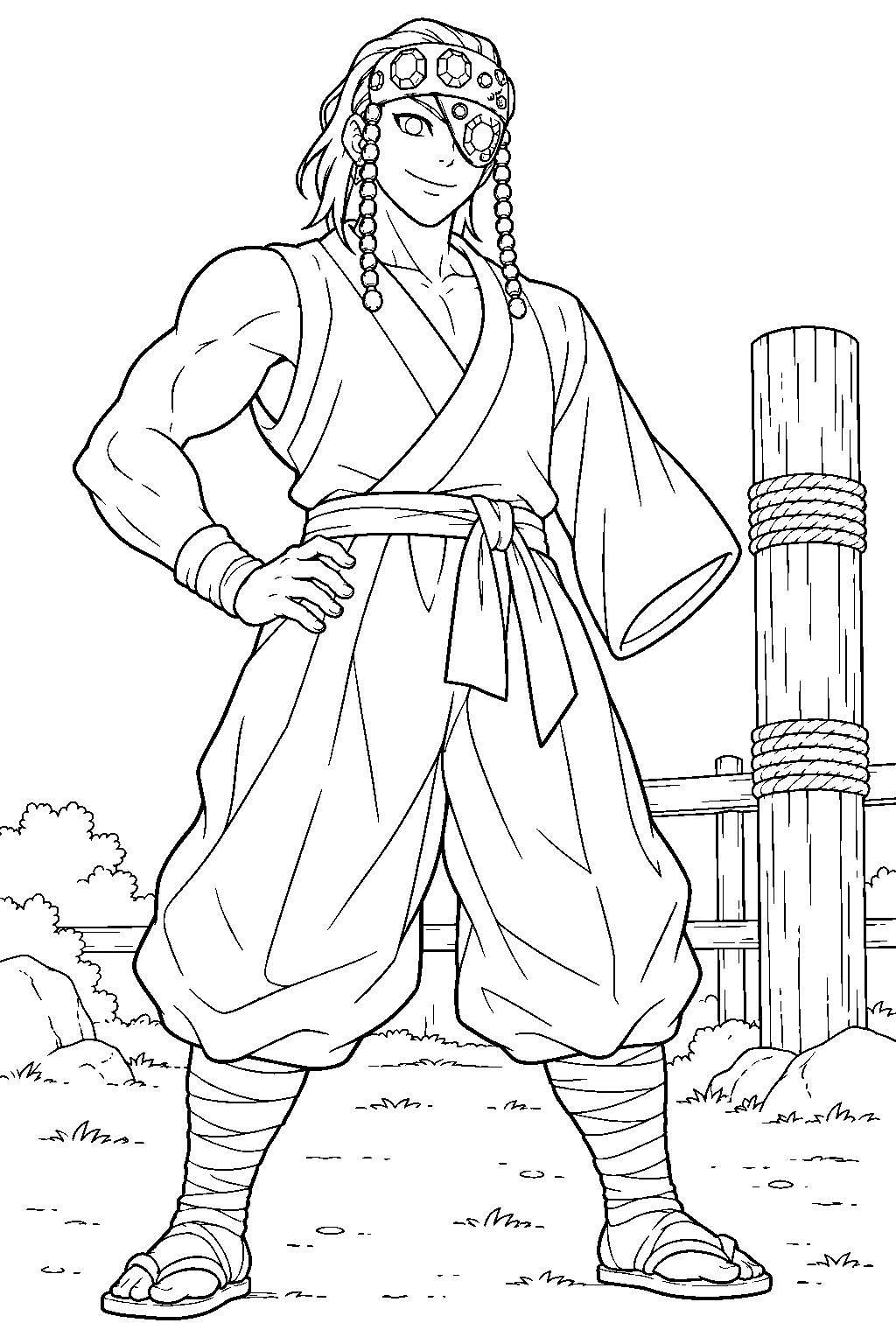 demon slayer retired tengen uzui supervising stamina training at the hashira training grounds line art