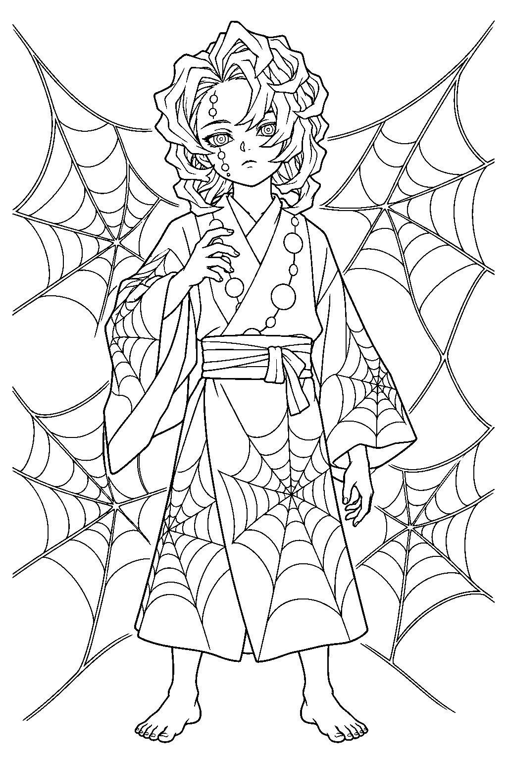 demon slayer rui surrounded by spiderwebs on mount natagumo line art