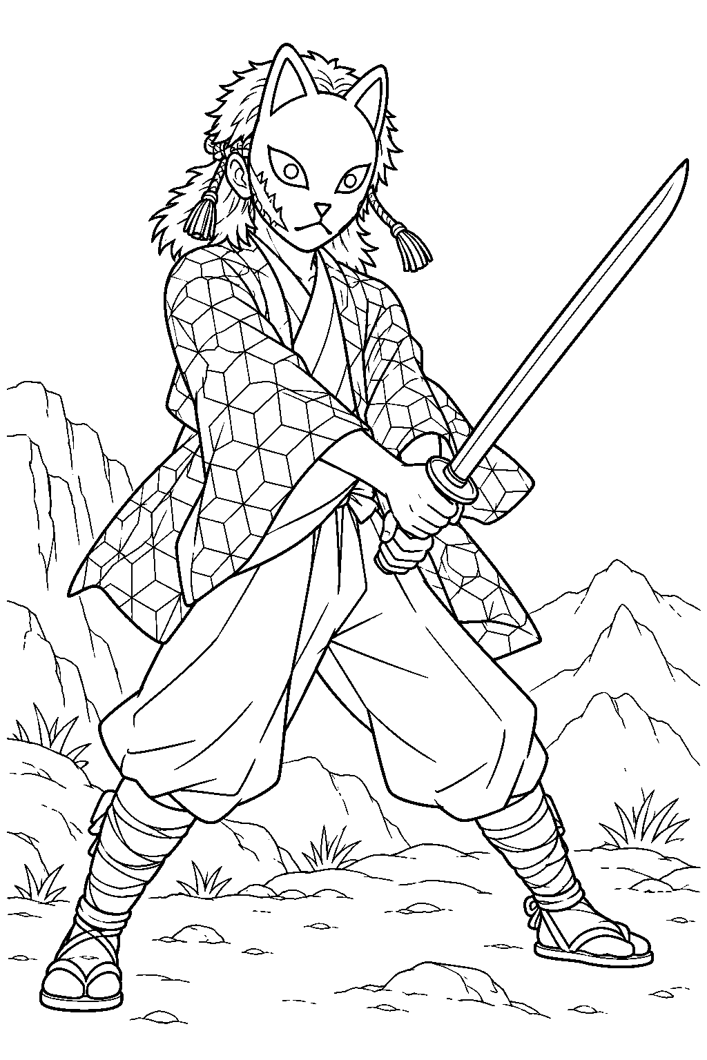 demon slayer sabito wearing his fox mask and holding a wooden sword on mount sagiri line art