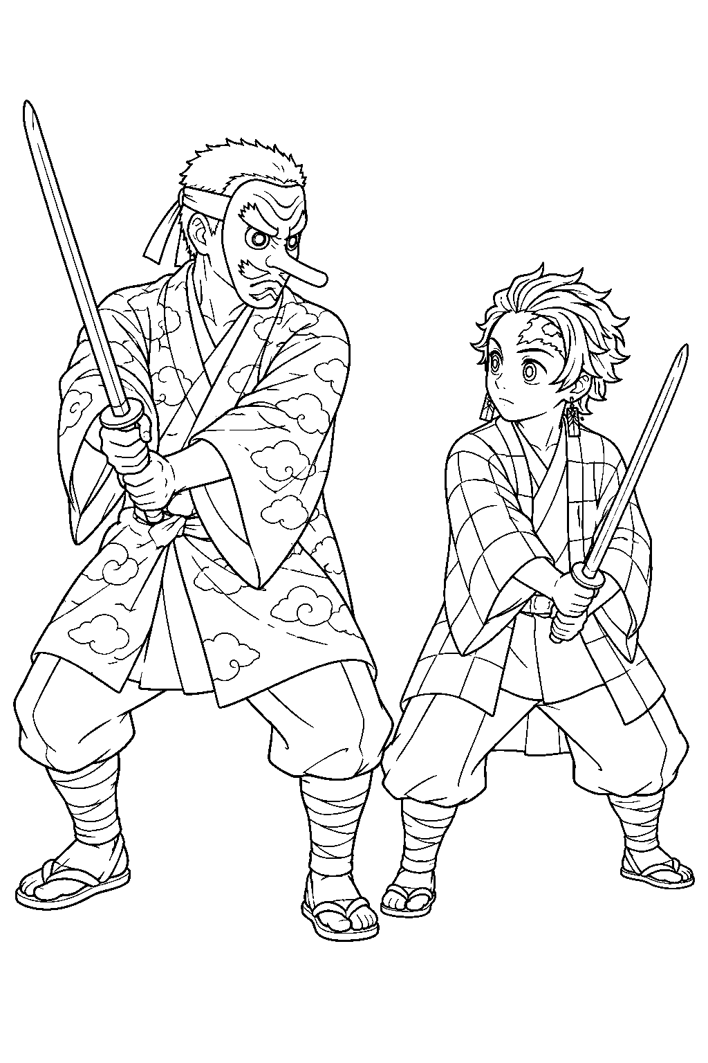 demon slayer sakonji urokodaki wearing his tengu mask while training tanjiro kamado line art