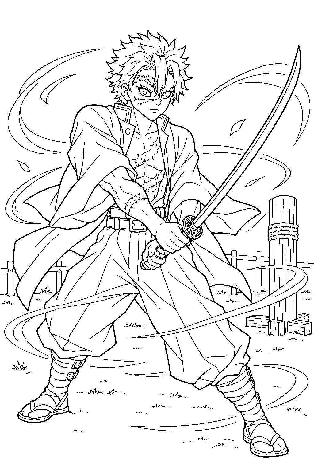 demon slayer sanemi shinazugawa practicing wind breathing in a training yard line art