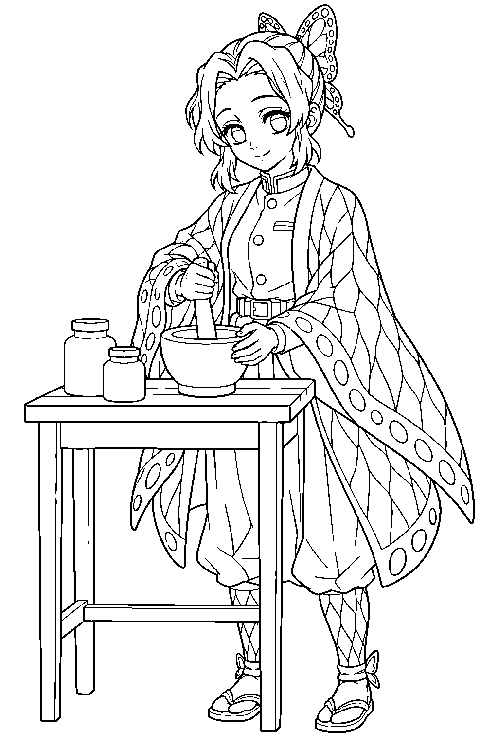 demon slayer shinobu kocho preparing medicine at the butterfly mansion line art