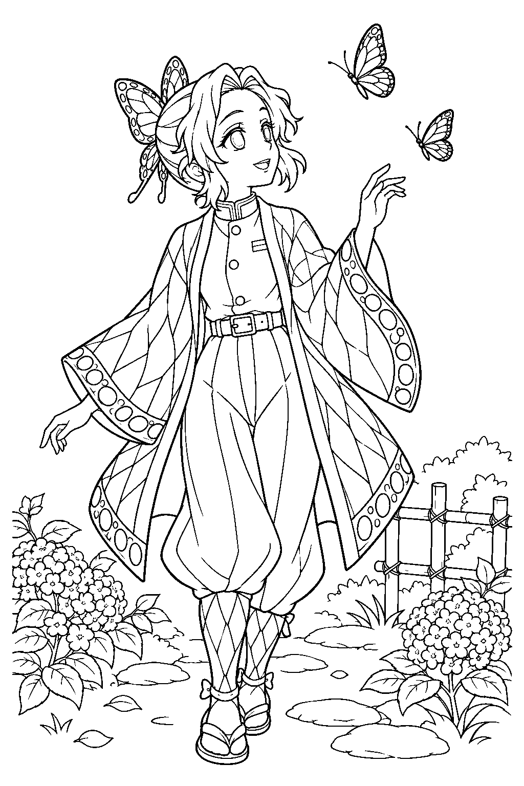 demon slayer shinobu kocho watching butterflies in the butterfly mansion garden line art