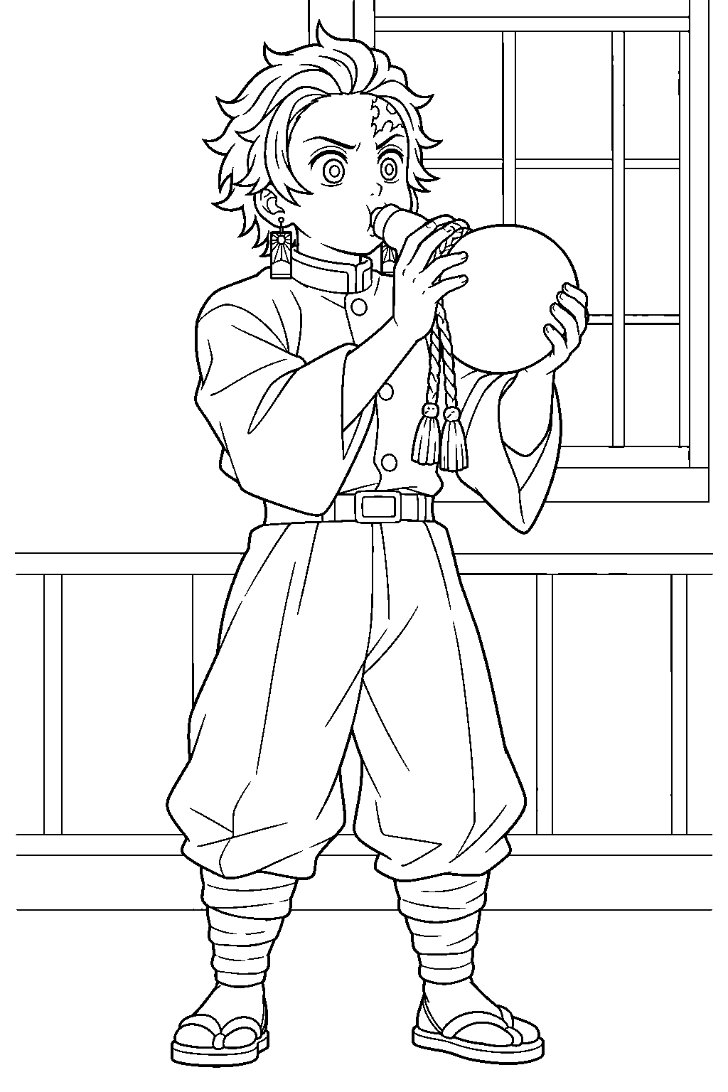 demon slayer tanjiro kamado blowing a training gourd at the butterfly mansion line art