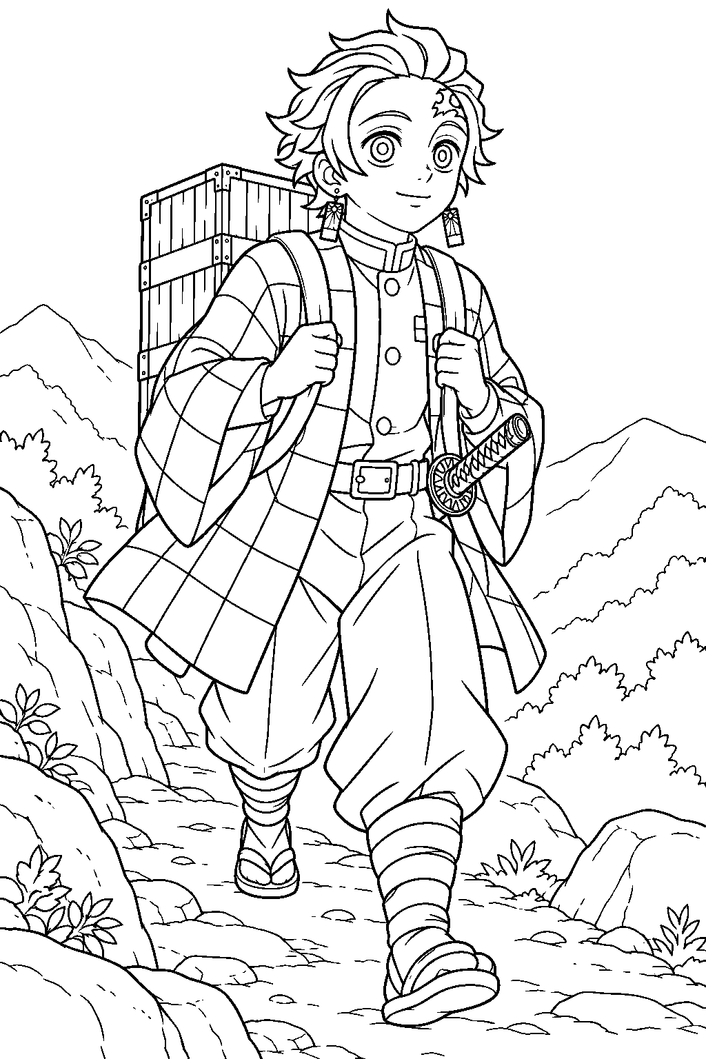 demon slayer tanjiro kamado carrying nezuko s wooden box along a mountain trail line art