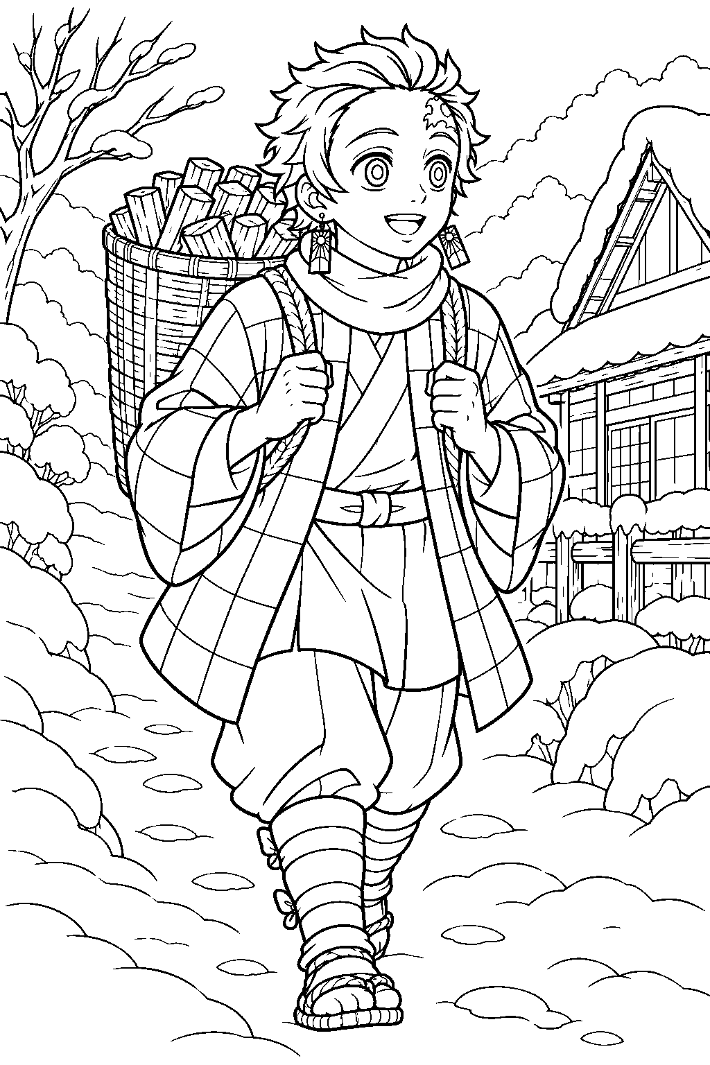 demon slayer tanjiro kamado delivering charcoal through a snowy village line art
