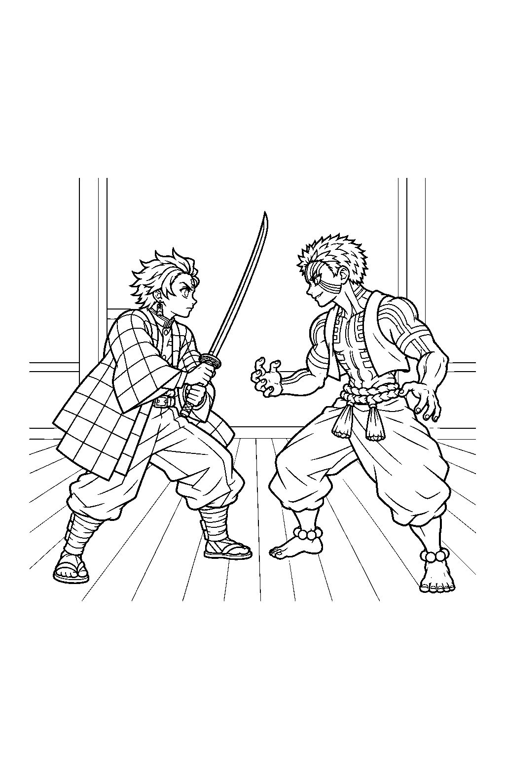 demon slayer tanjiro kamado facing akaza inside the infinity castle line art
