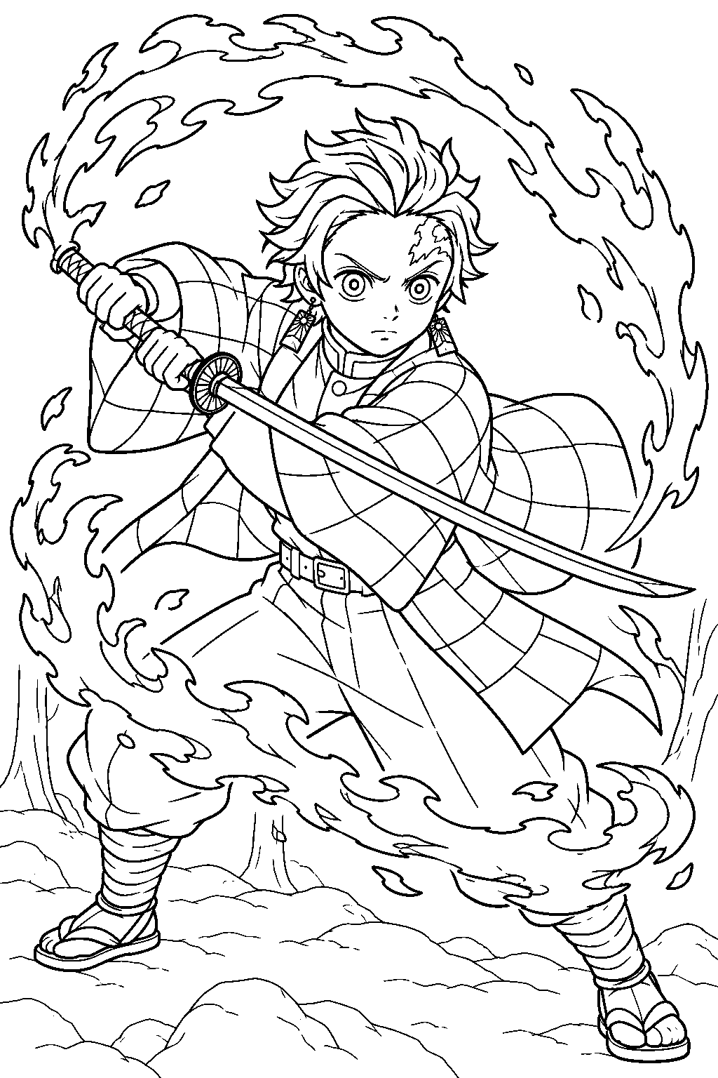 demon slayer tanjiro kamado performing hinokami kagura on mount natagumo line art