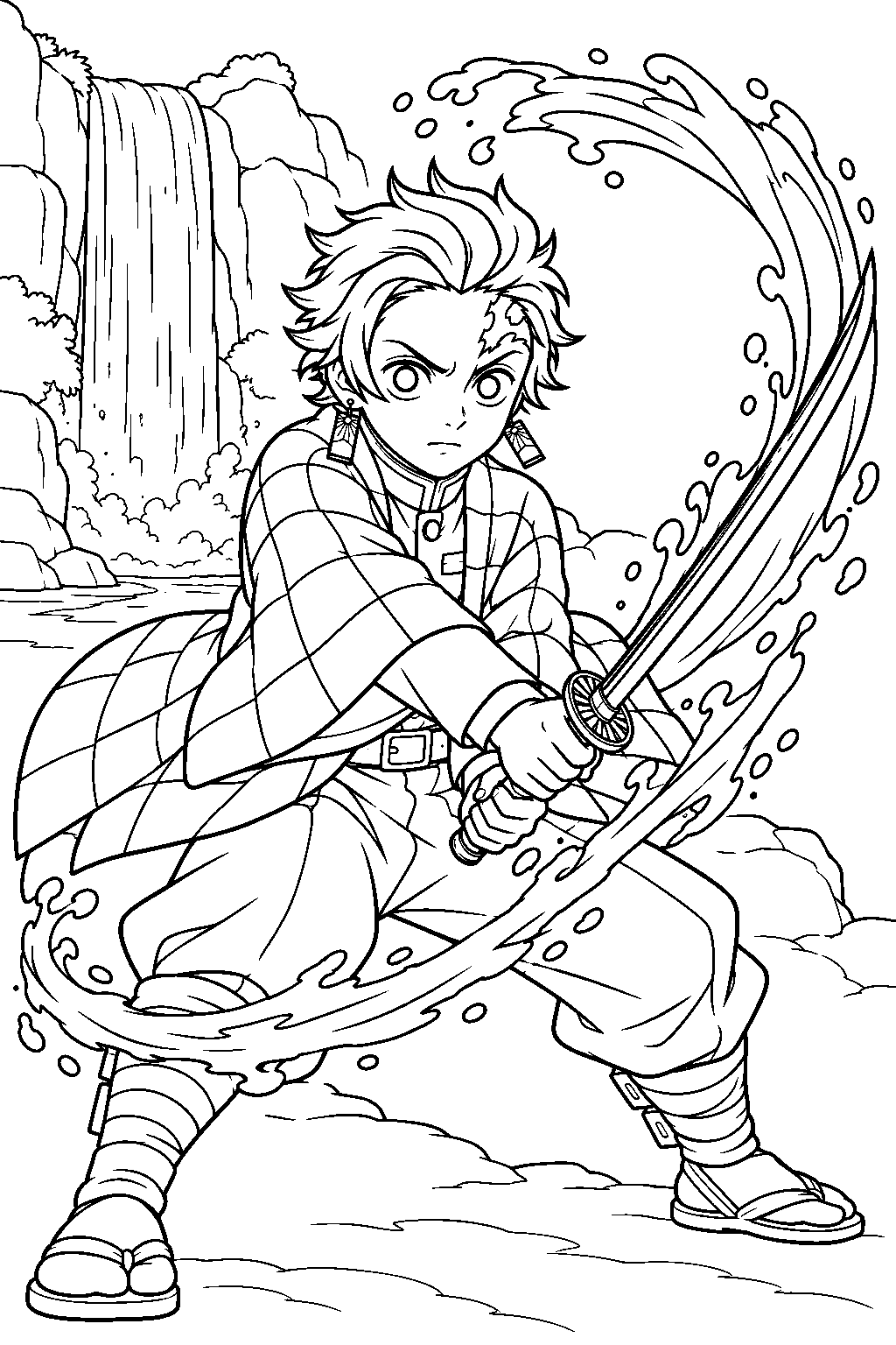demon slayer tanjiro kamado practicing water breathing beside a waterfall line art