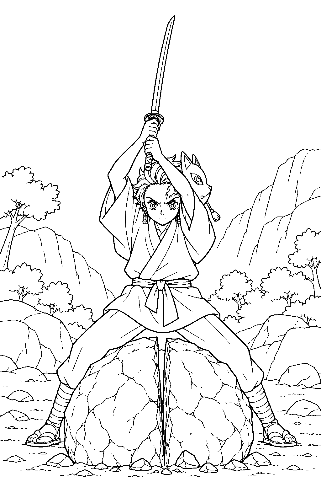 demon slayer tanjiro kamado splitting the training boulder on mount sagiri line art