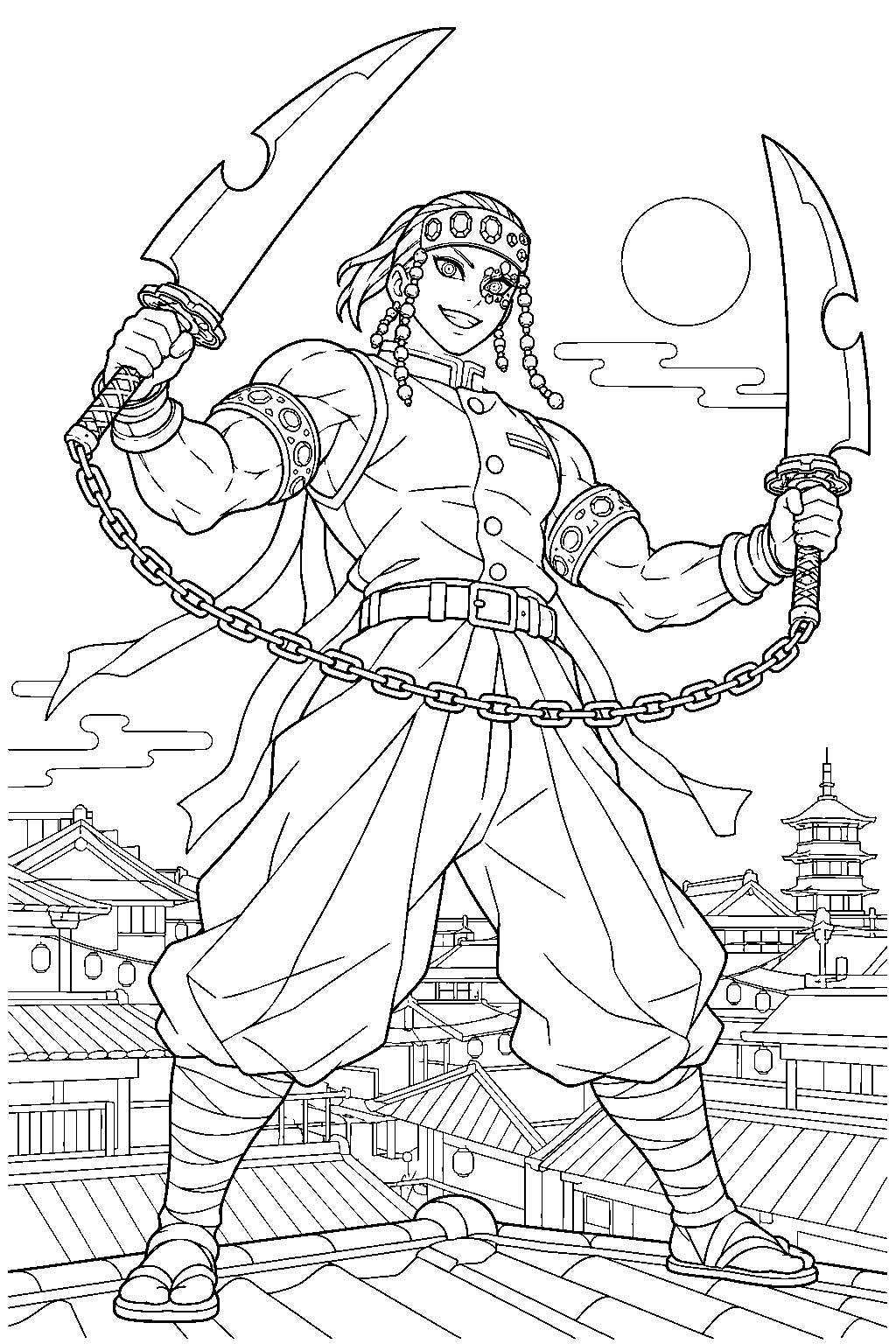 demon slayer tengen uzui holding his chained twin cleavers above the entertainment district line art
