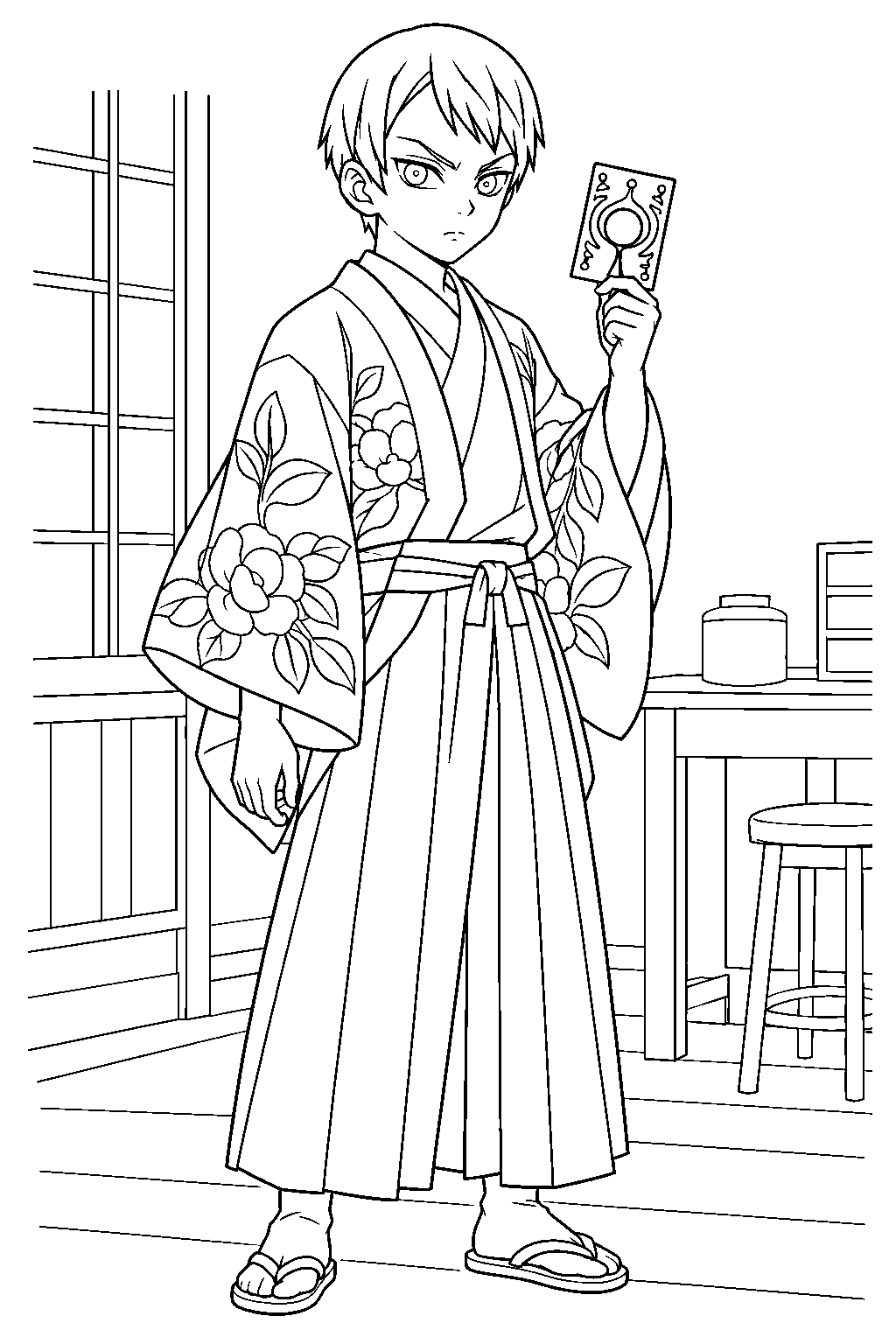 demon slayer yushiro holding an eyeblind paper talisman in tamayo s clinic line art