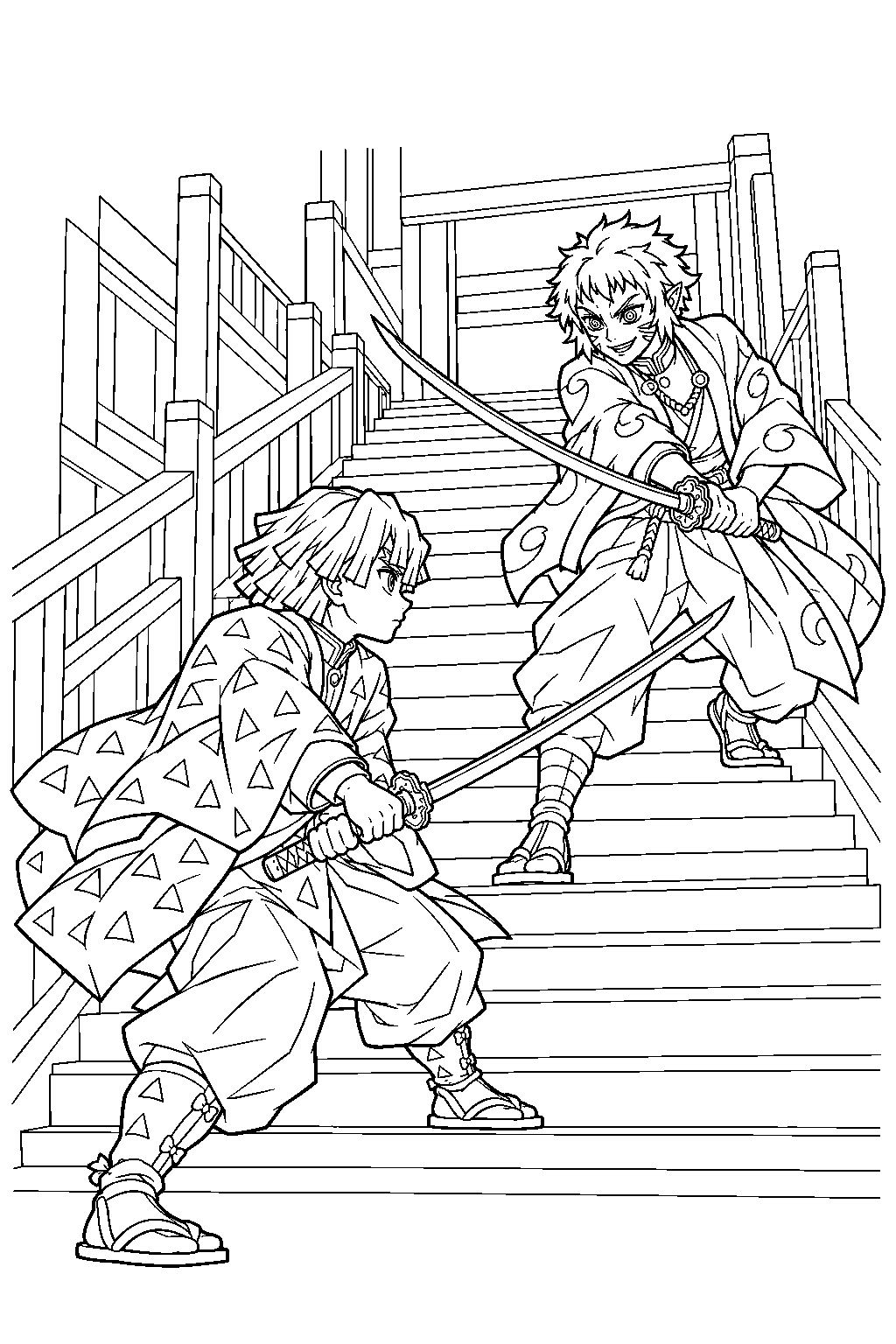 demon slayer zenitsu agatsuma facing kaigaku on an infinity castle staircase line art