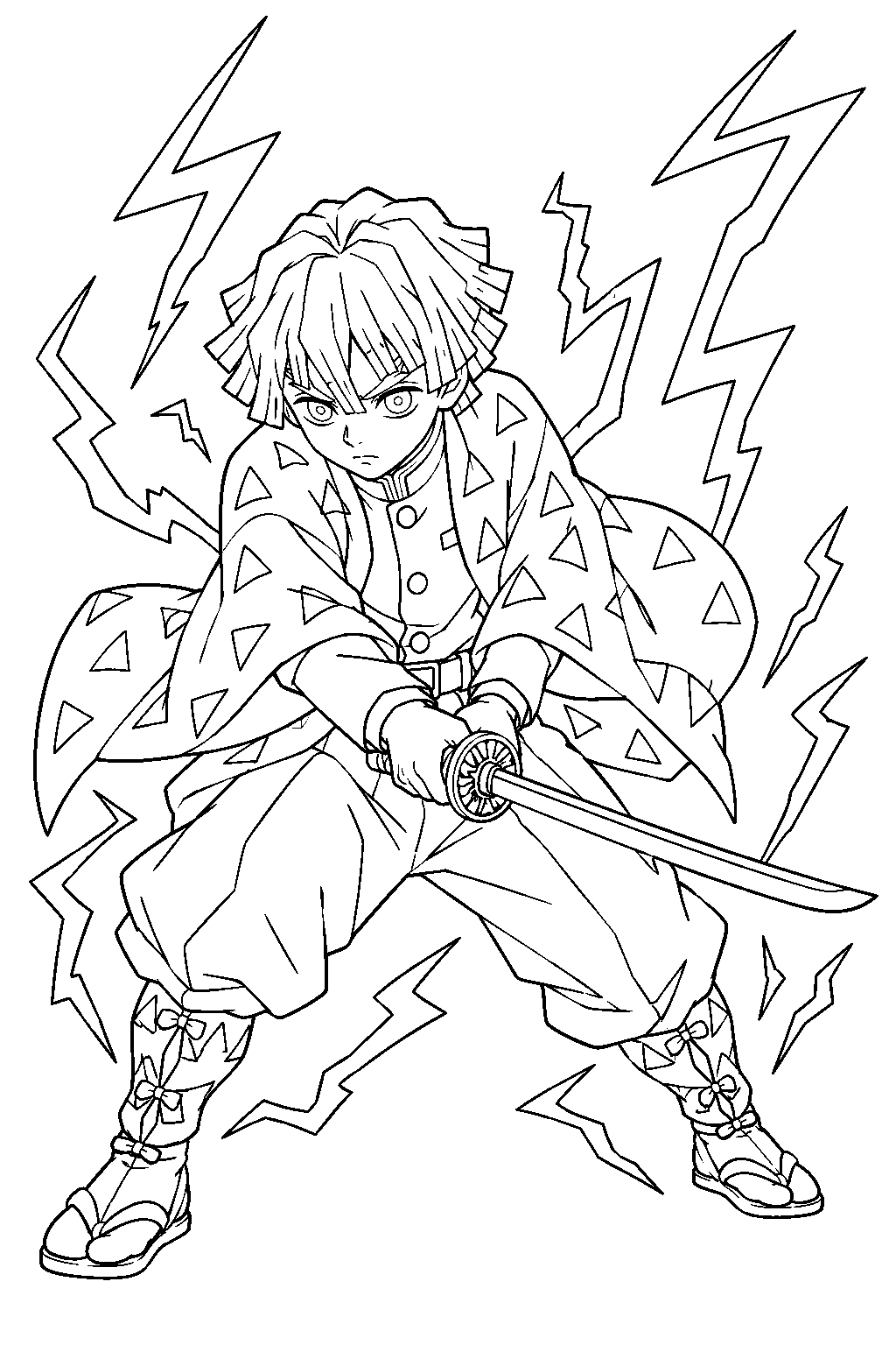 demon slayer zenitsu agatsuma using thunderclap and flash amid lightning line art