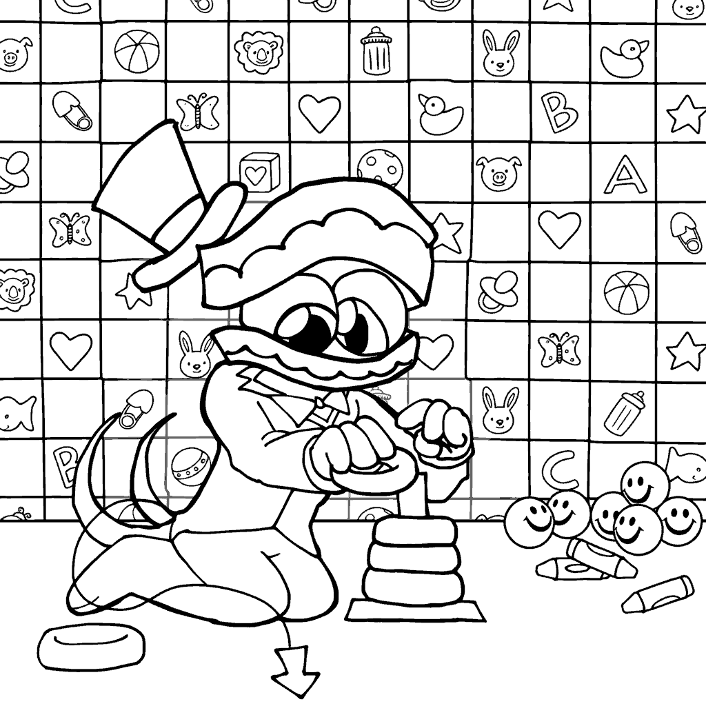 baby caine playing with pyramid toy nursery room tadc the amazing digital circus line art