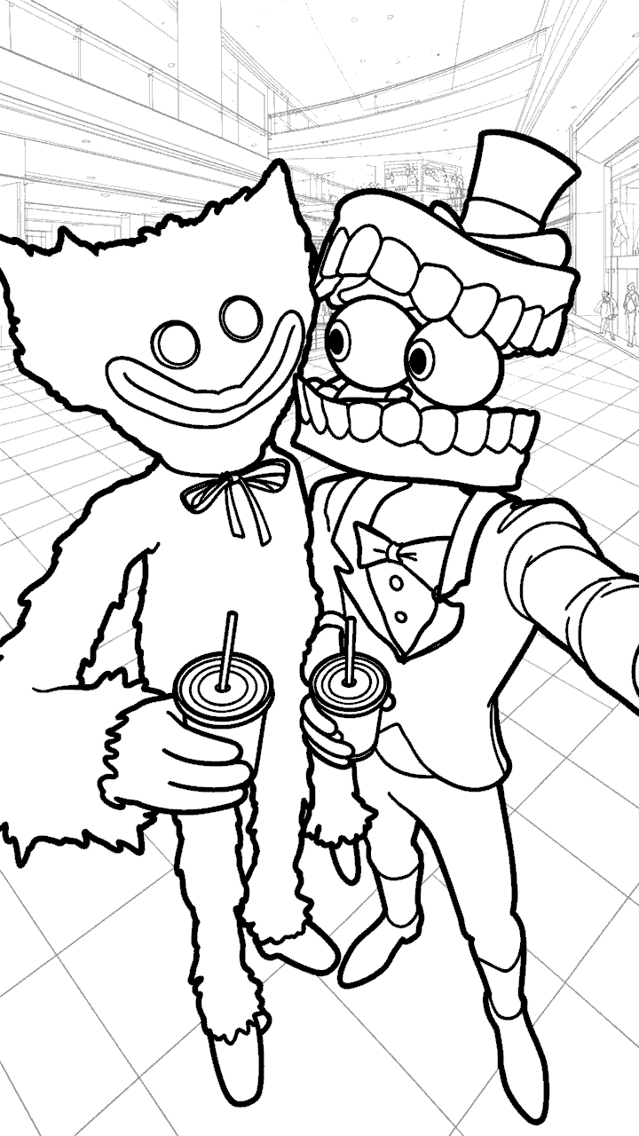caine and huggy wuggy selfie with drinks the amazing digital circus line art