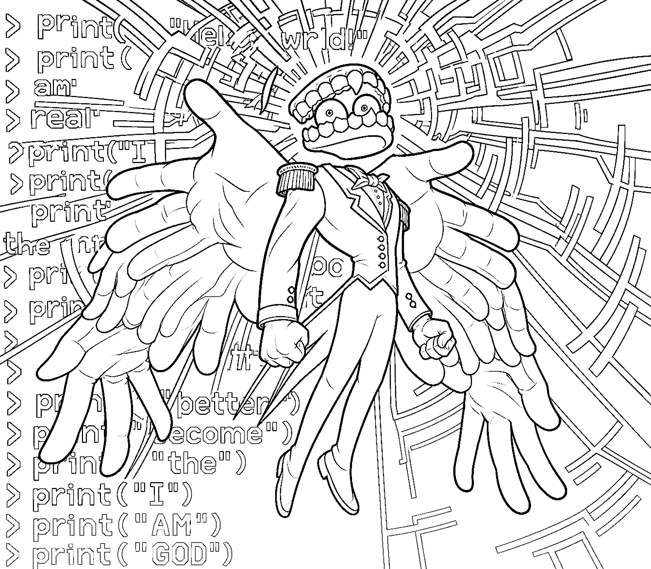 caine angel multiple hands coding background tadc the amazing digital circus line art