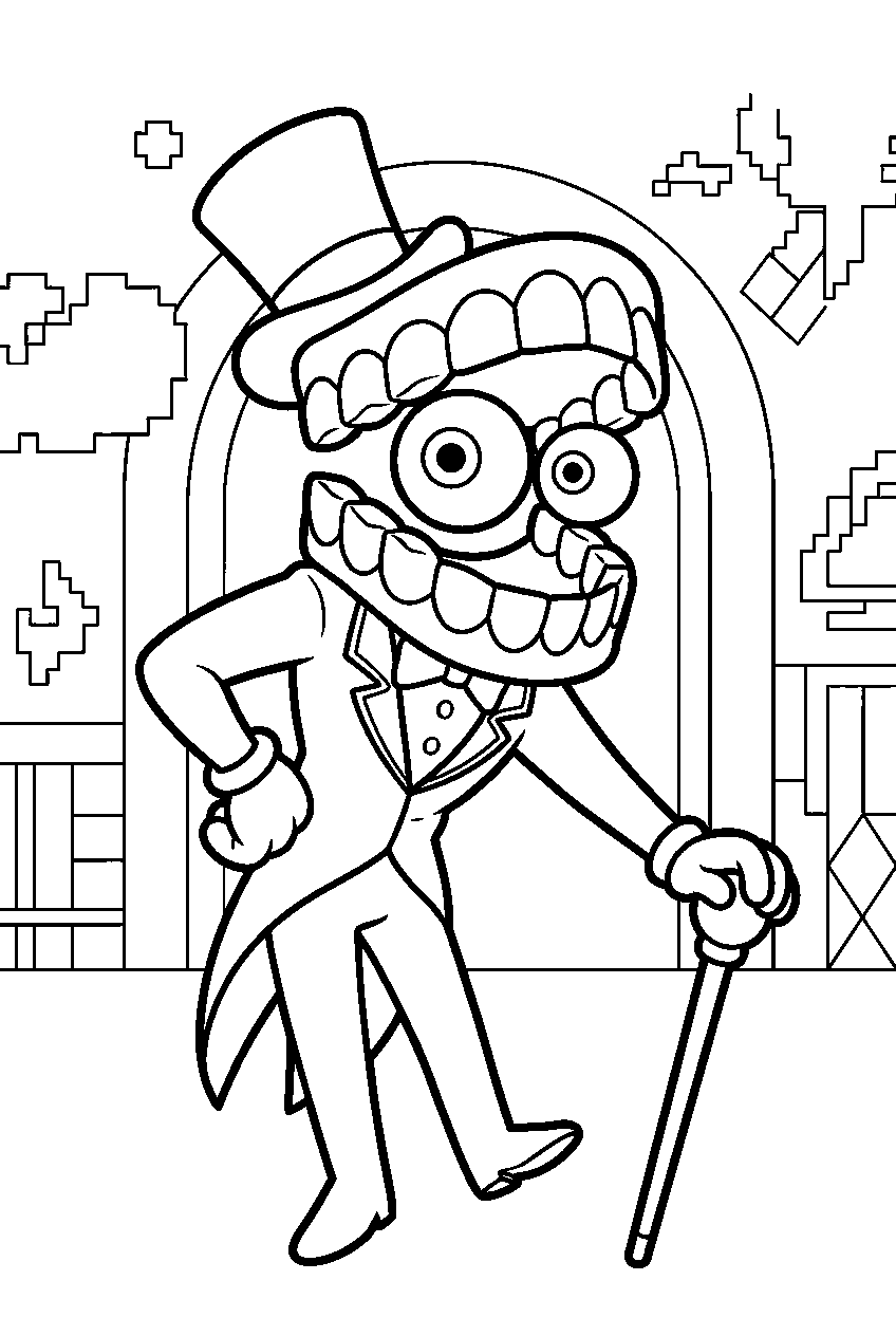 caine from the amazing digital circus in digital amusement park line art