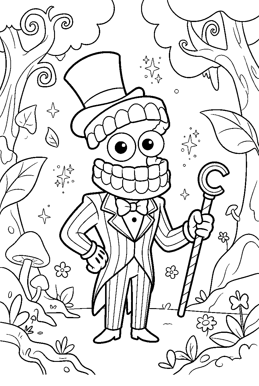 caine from the amazing digital circus in magical forest line art