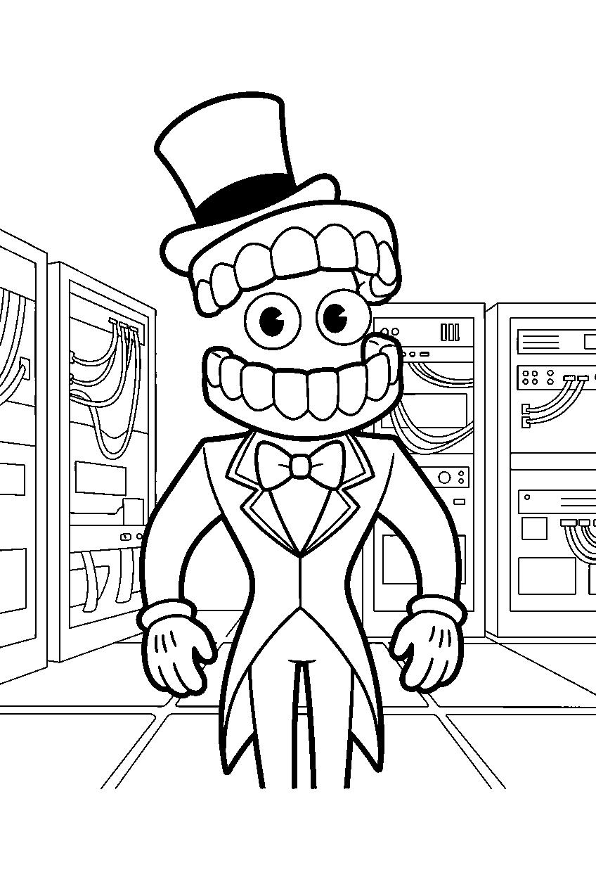 caine from the amazing digital circus in server room line art