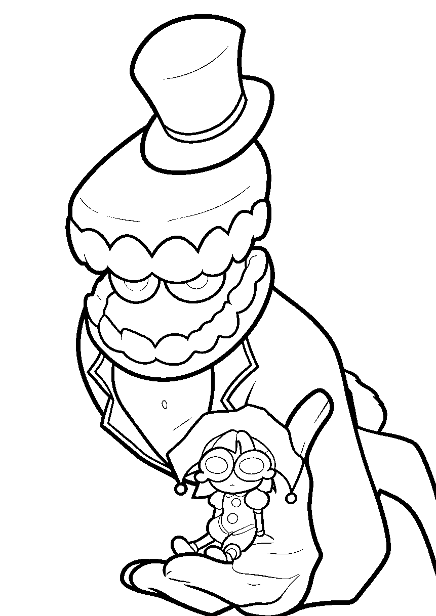 caine holding tiny pomni in his hand the amazing digital circus line art