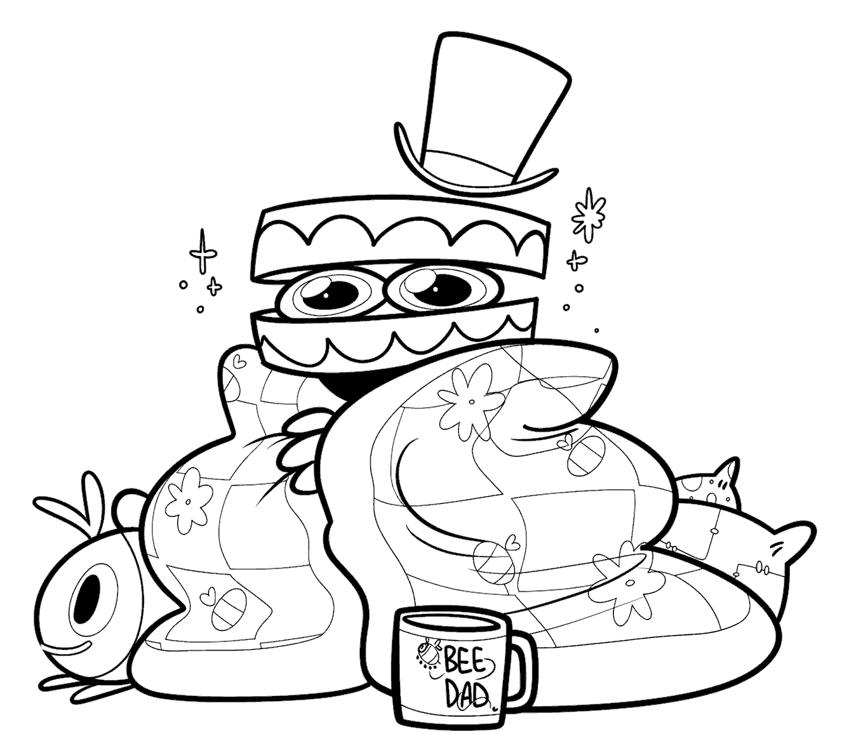 cozy caine with patchwork blanket the amazing digital circus line art