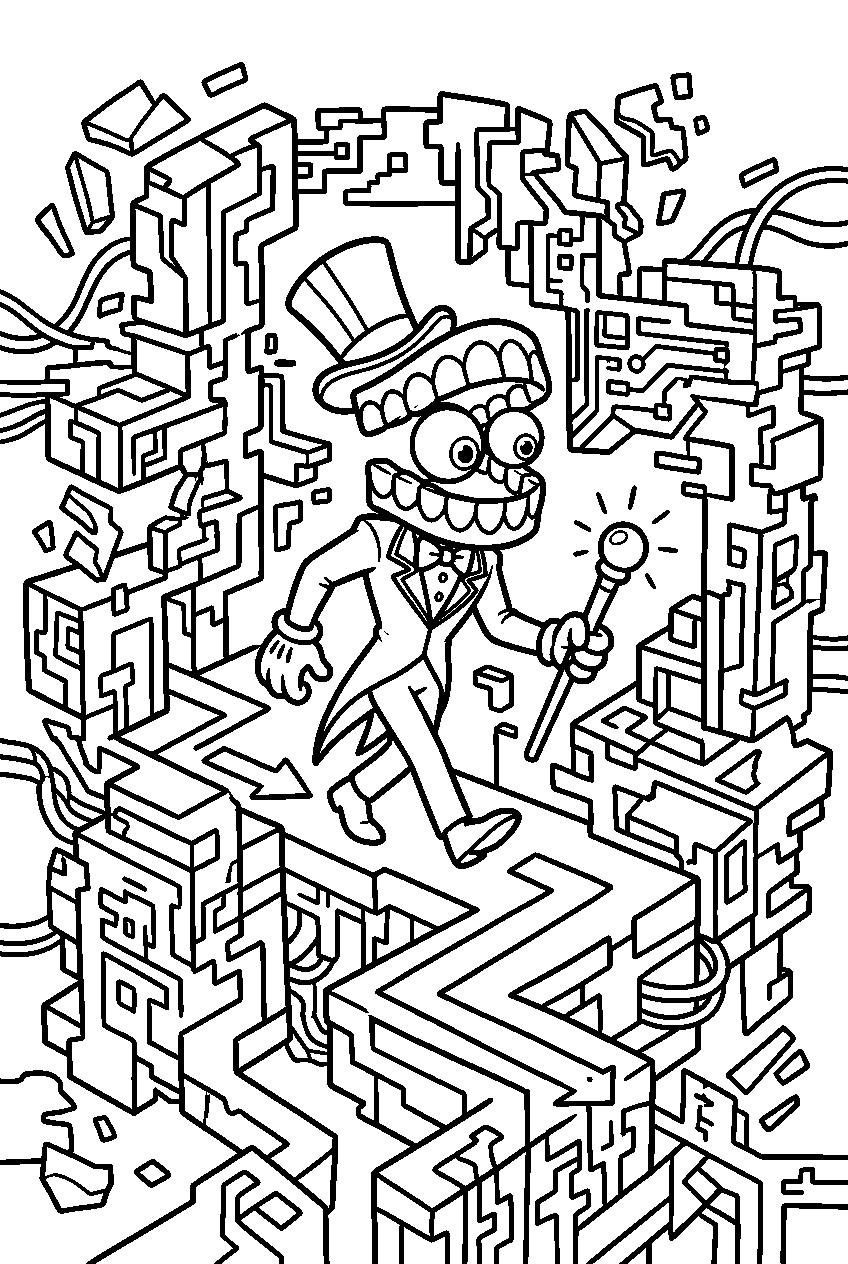 digital circus caine exploring in glitch maze line art