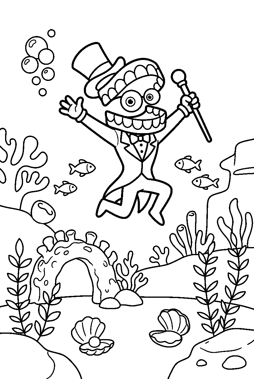 digital circus caine jumping in underwater kingdom line art