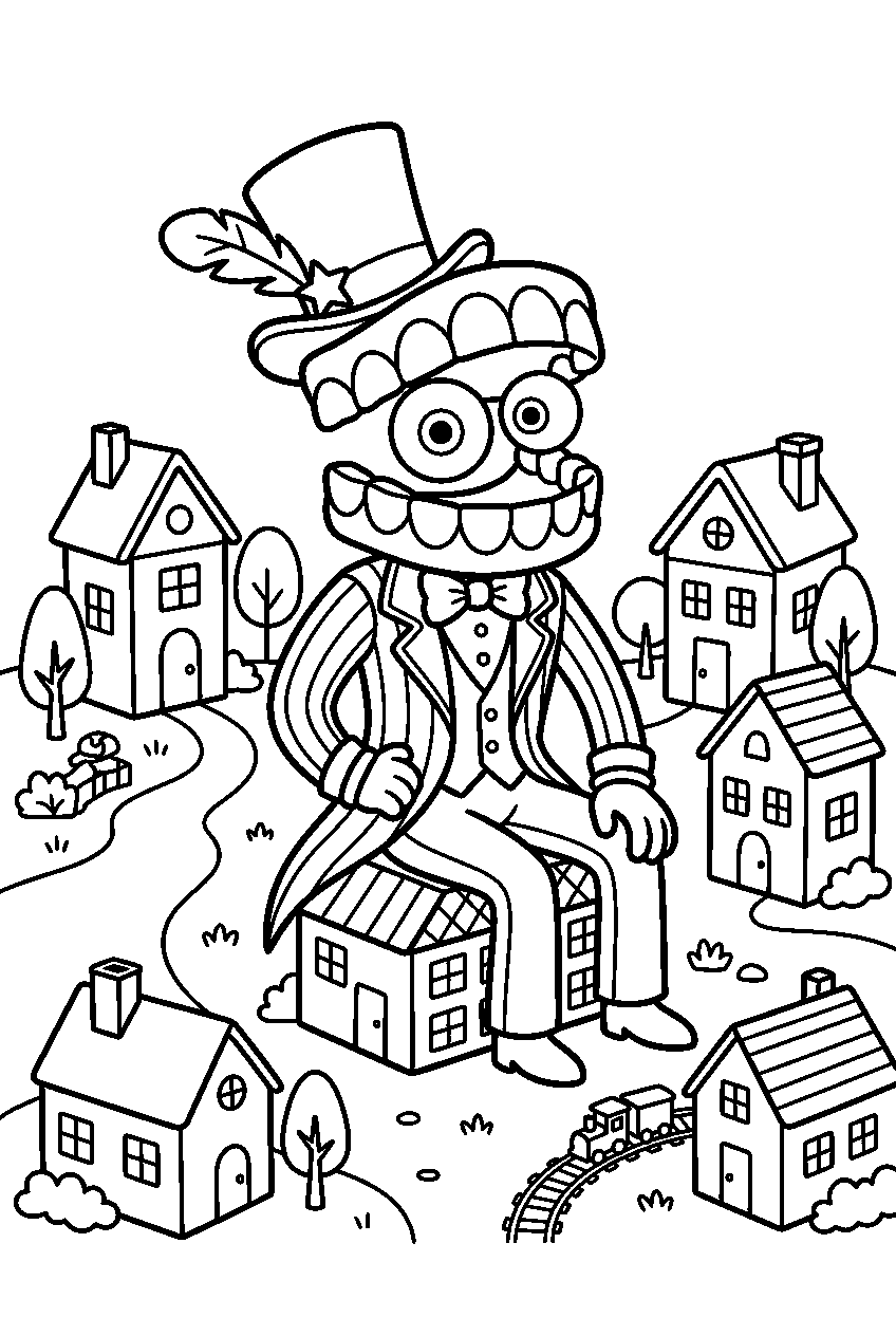 digital circus caine sitting in toy village line art