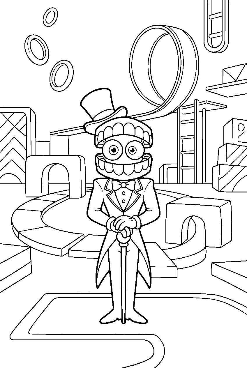 digital circus caine standing calmly in obstacle course line art
