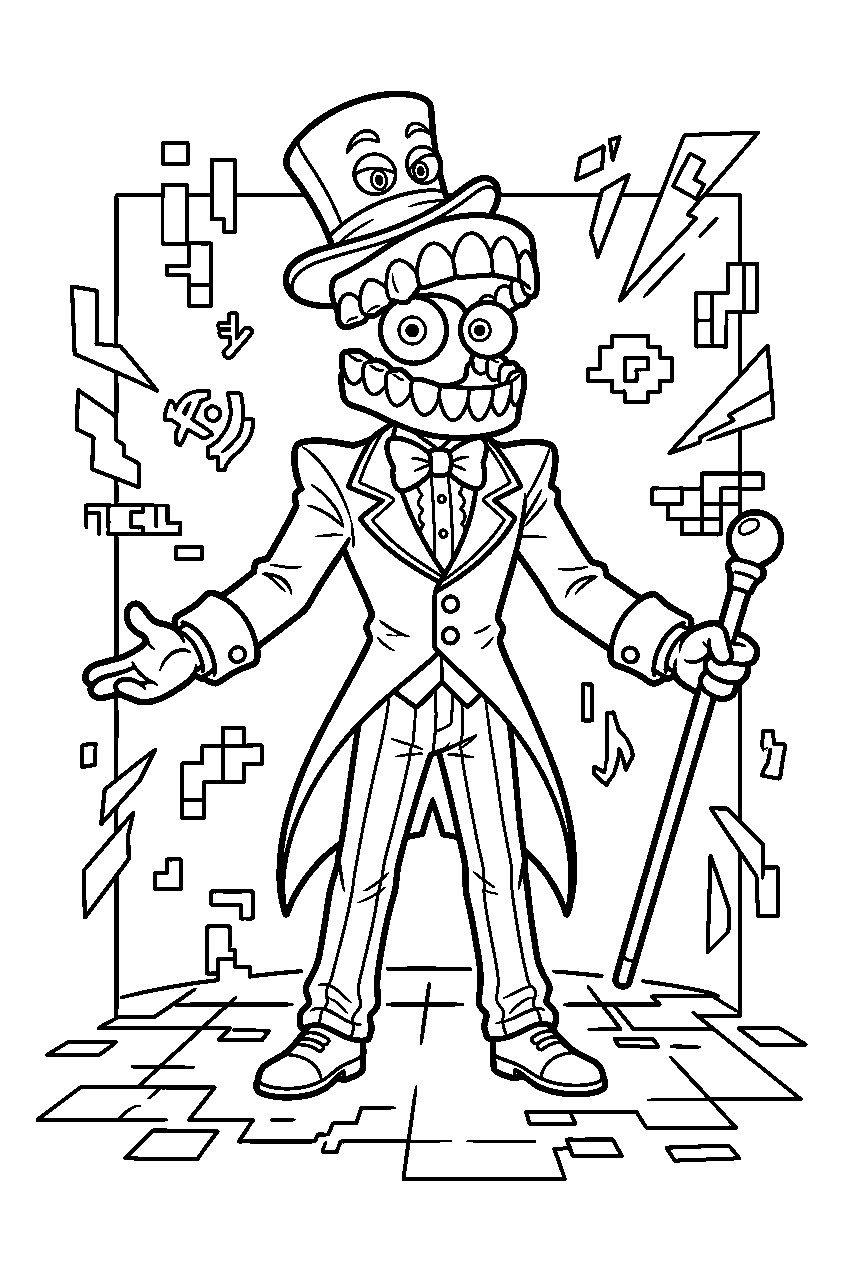 digital circus caine standing in glitch zone line art