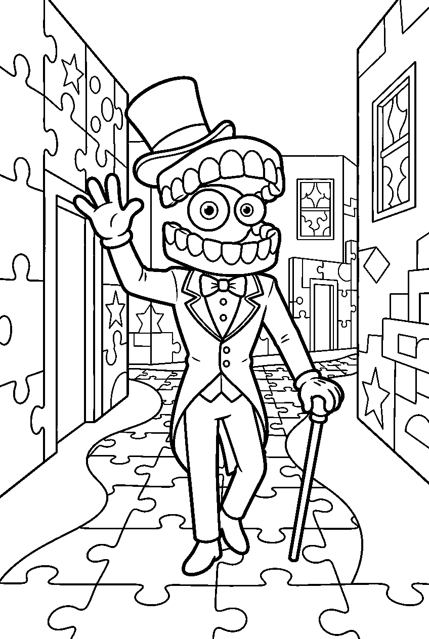 digital circus caine waving in puzzle corridor line art