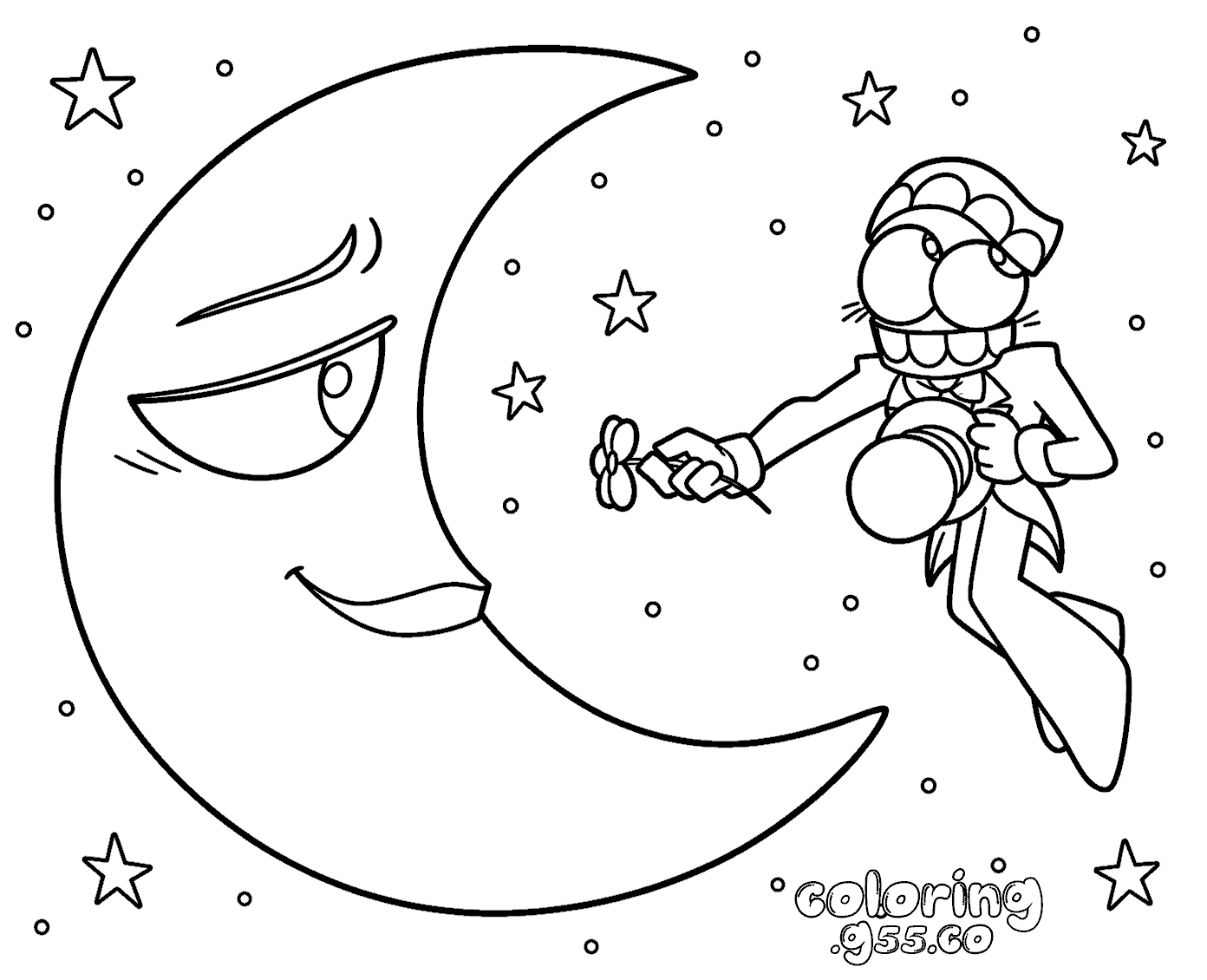 caine giving flower to crescent moon night sky for kids tadc the amazing digital circus line art