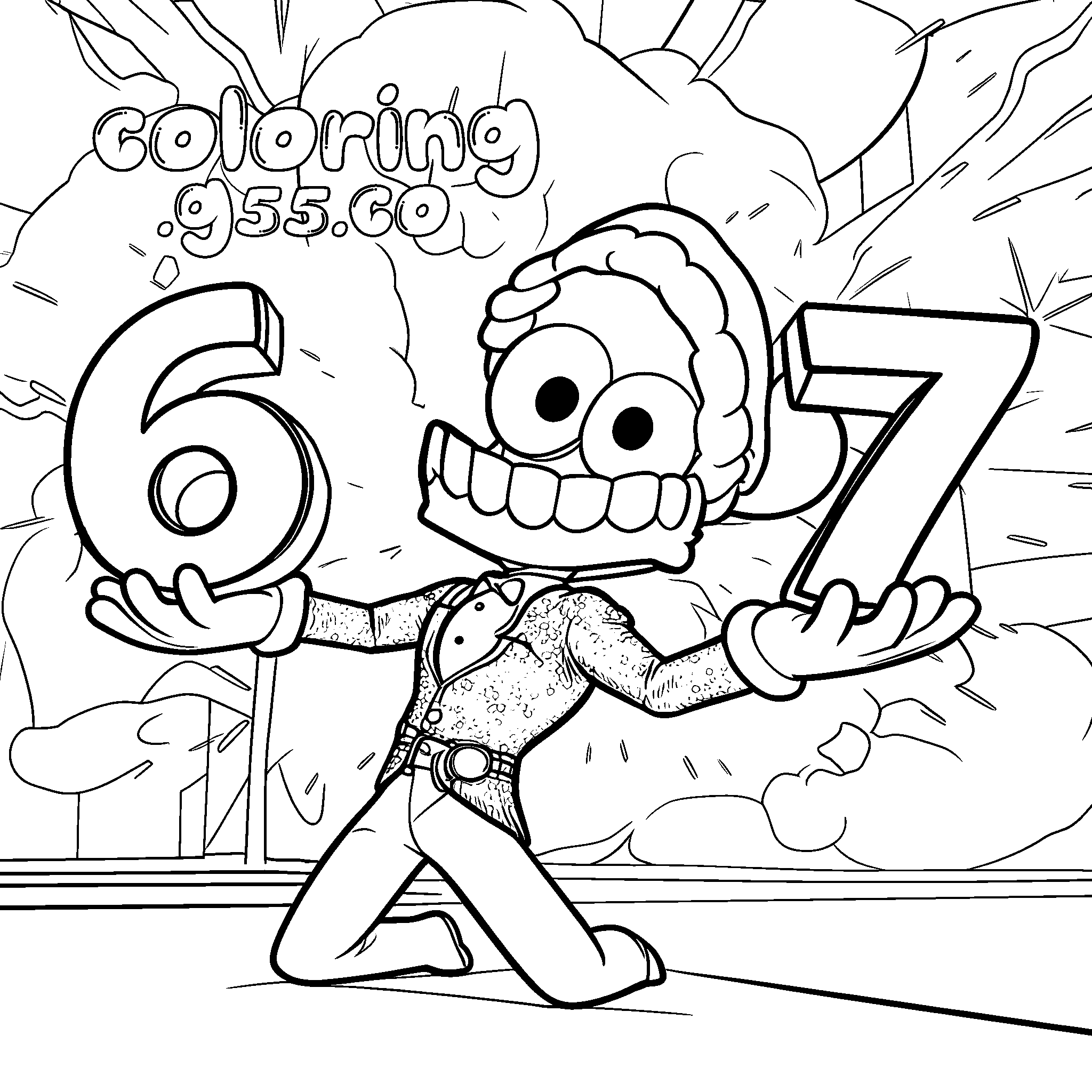 caine holding numbers 6 and 7 with explosion background for kids tadc the amazing digital circus line art