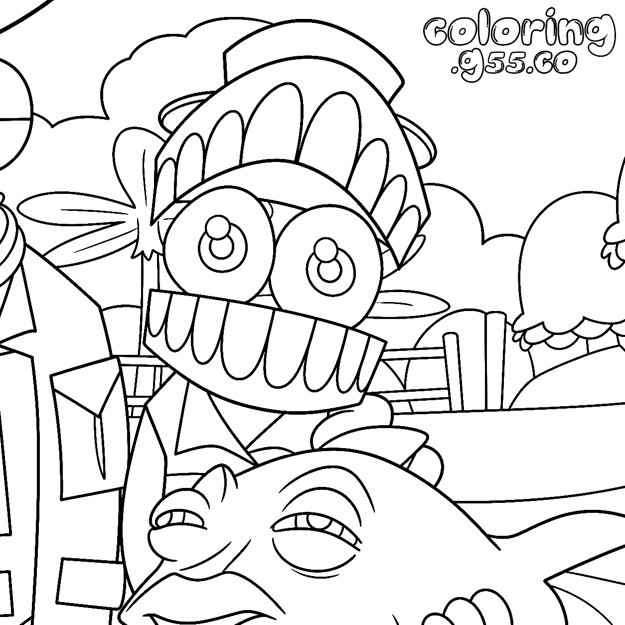 funny caine with big fish for kids tadc the amazing digital circus line art