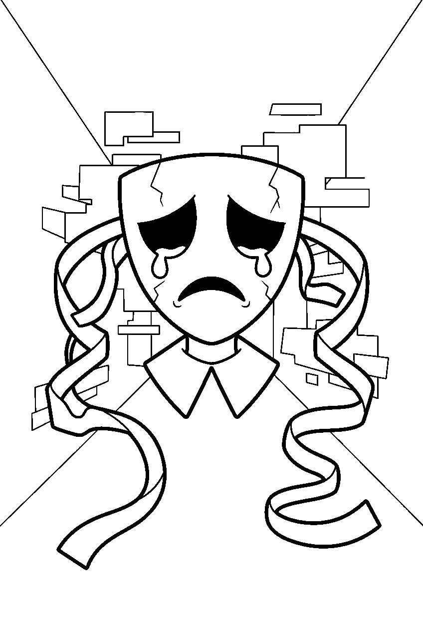 digital circus gangle in glitch corridor line art