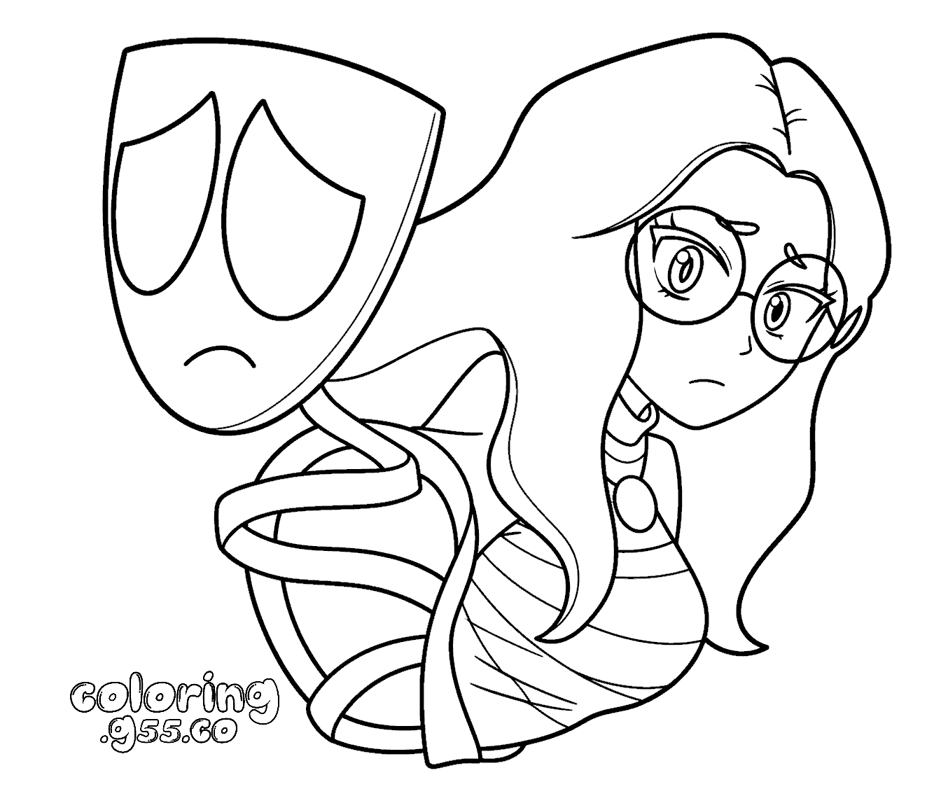 human gangle tragedy mask anime girl style for kids tadc the amazing digital circus line art