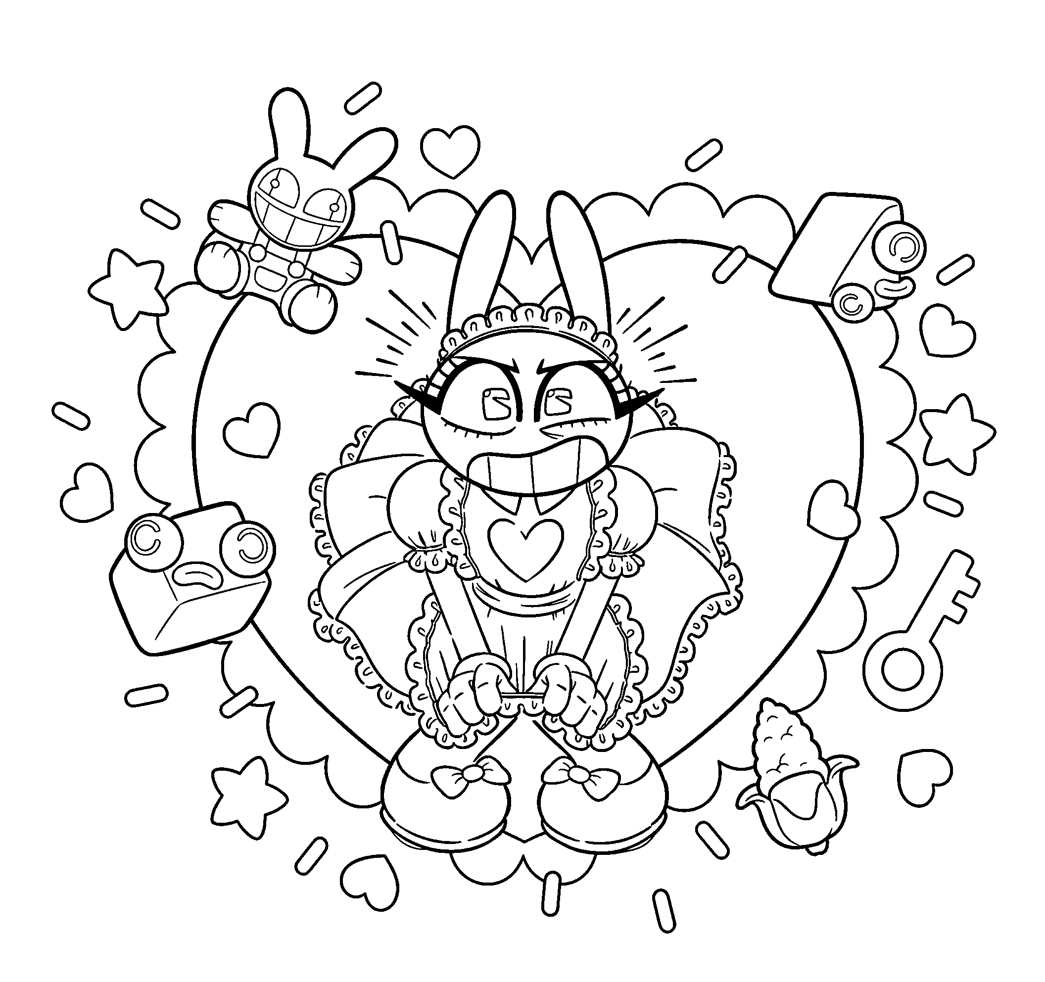 annoyed jax maid dress heart background the amazing digital circus line art