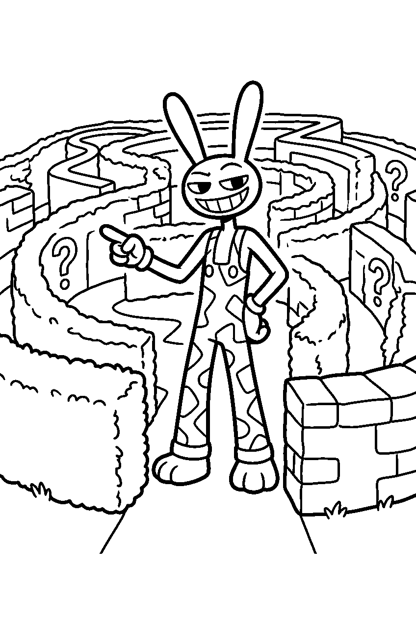 digital circus jax pointing in mystery maze line art