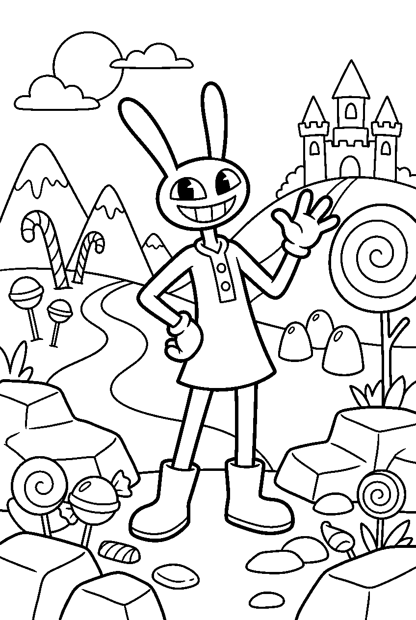 digital circus jax posing in candy canyon kingdom line art