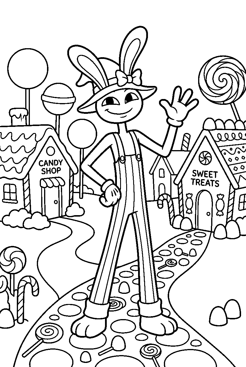 digital circus jax posing in candy village line art
