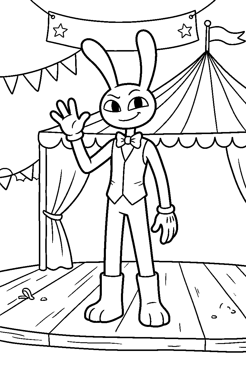 digital circus jax waving in circus stage line art