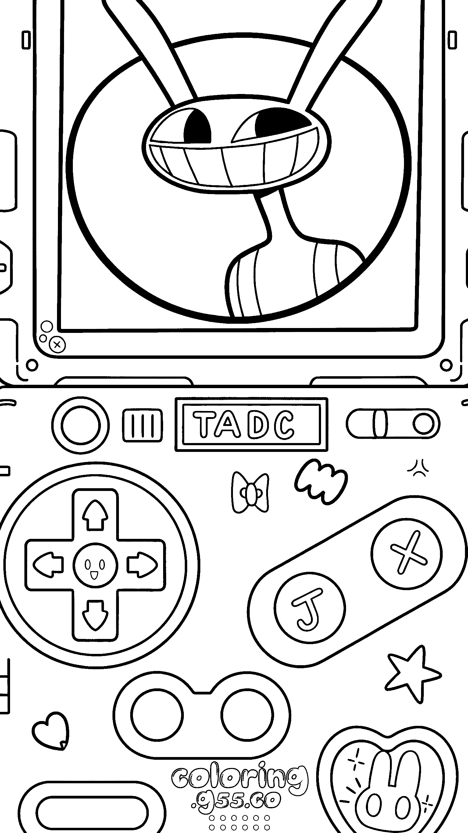 retro handheld game console with jax for kids tadc the amazing digital circus line art