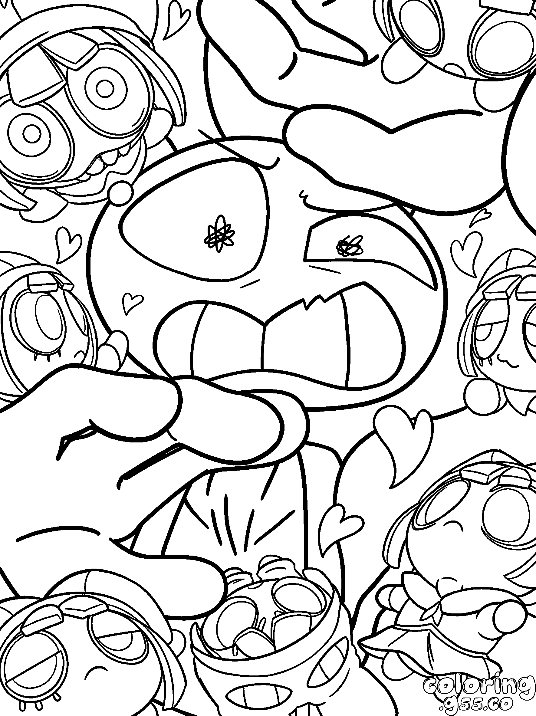 tadc jax surrounded by pomni plushies line art