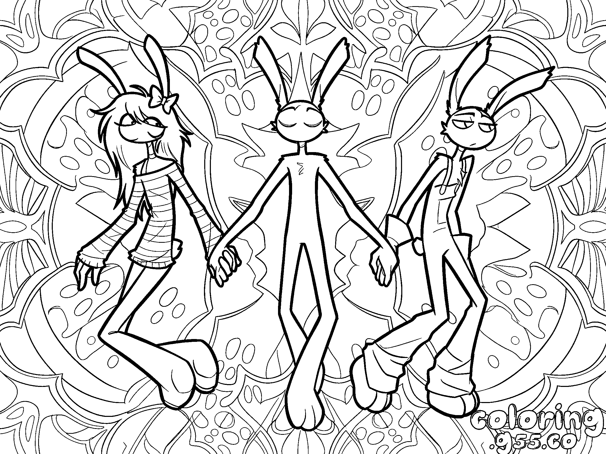 three different jax characters holding hands for kids tadc the amazing digital circus line art