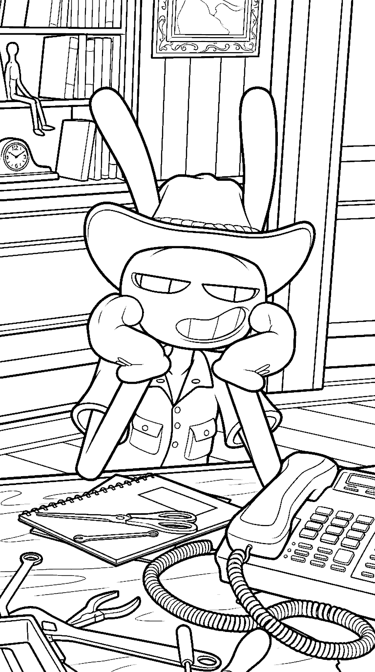 jax bored in cowboy hat at office desk the amazing digital circus line art