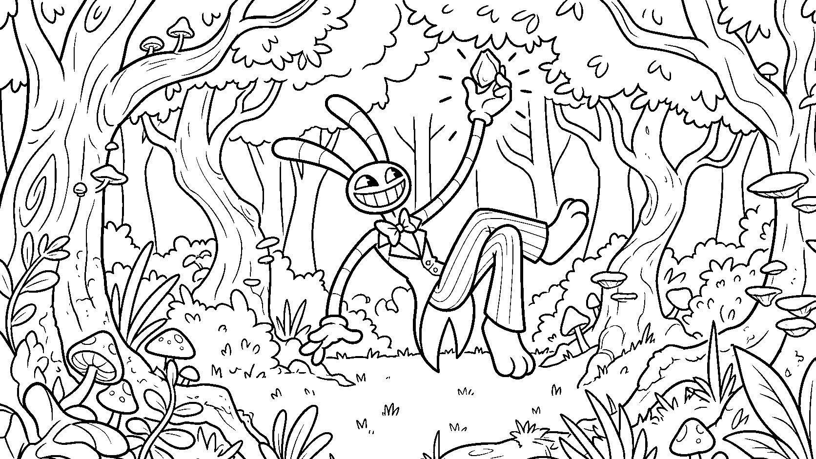 jax finding magic crystal diamond in fantasy forest tadc the amazing digital circus line art for kids and adults